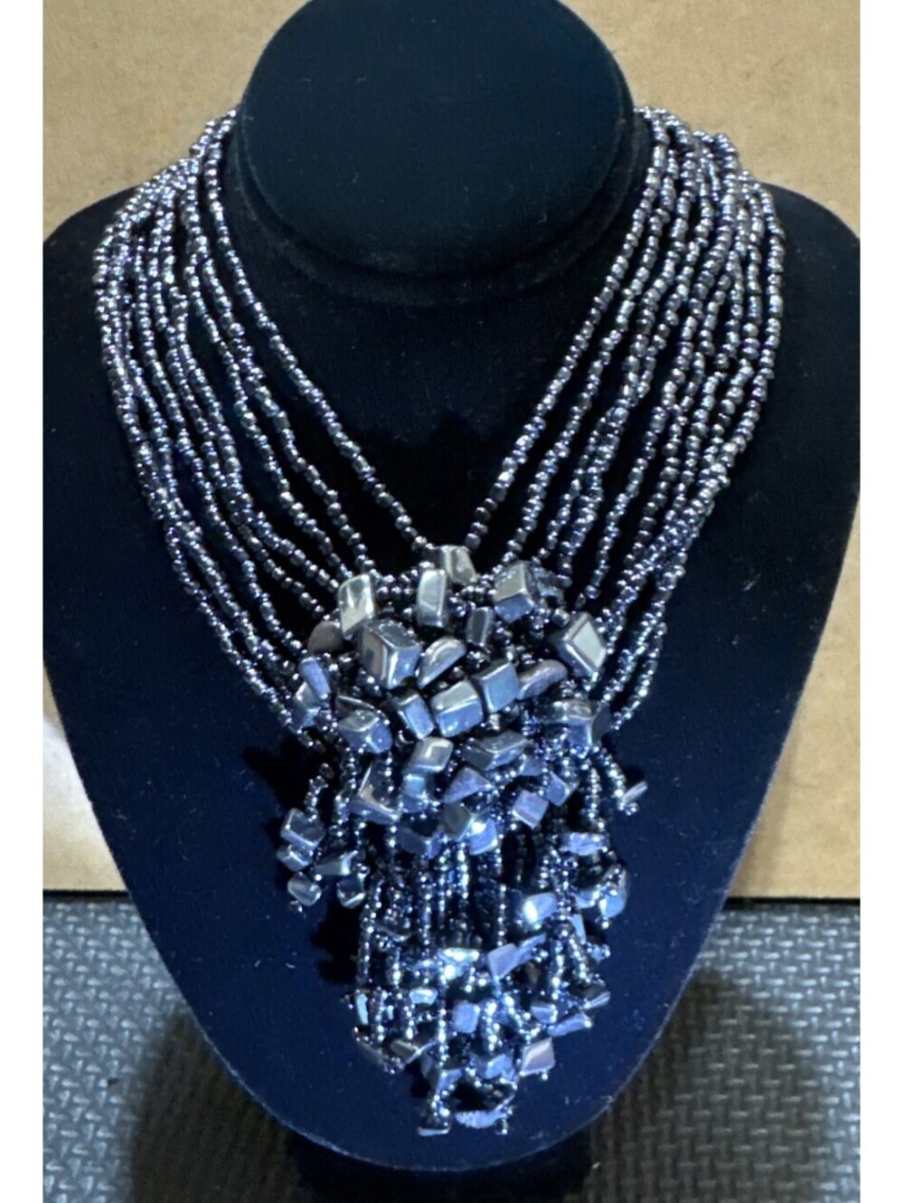 16" Black Hematite Stone Chip Cluster Handmade Seed Bead Bali Necklace